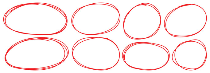 Set of hand drawn red circles and ovals. Red circle, pen draw. Highlight circle frames. Handwritten red circle. For marking text, numbers, marker pen for text check, vector illustration.