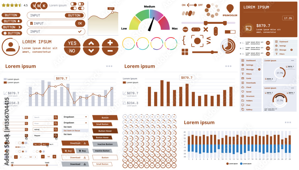 Poster a modern interface kit with buttons, graphs, and elements for creating web applications and dashboar