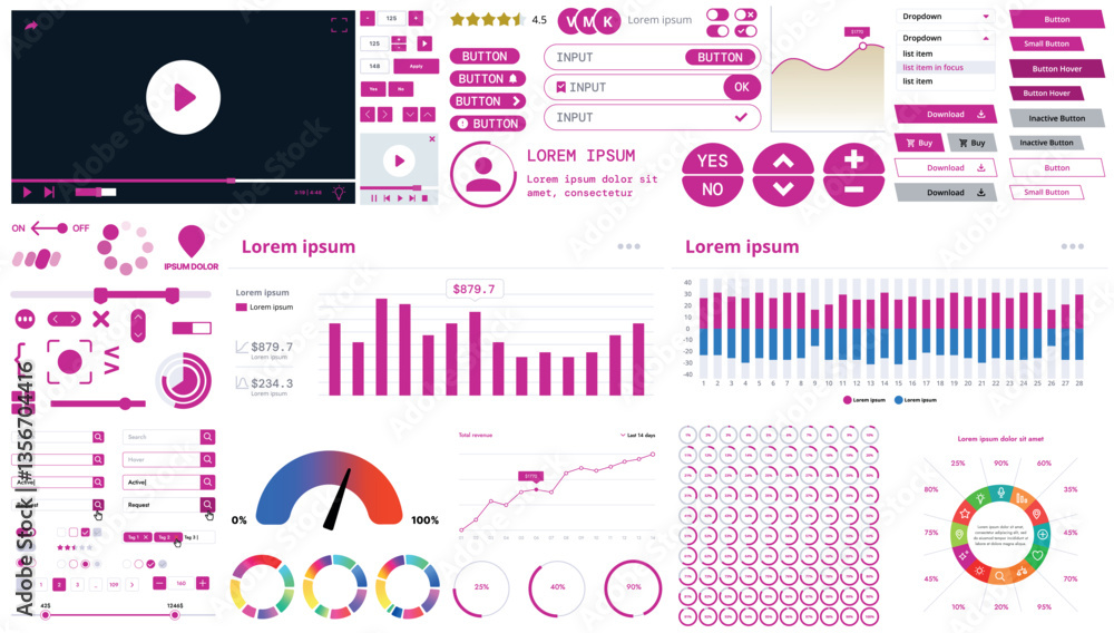 Poster a modern interface kit with buttons, graphs, and elements for creating web applications and dashboar