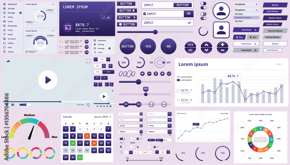 Poster a modern interface kit with buttons, graphs, and elements for creating web applications and dashboar