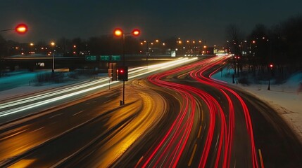 A long-exposure shot of a highway at night with streaks of red and white lights from moving cars.