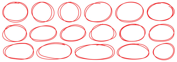 Red circle, pen draw. Hand drawn marker stroke style doodle red circle frame. Handwritten red circle. For marking text, numbers, marker pen, pencil hand-drawn doodle circle highlights marker isolated.