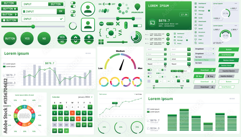 Poster a modern interface kit with buttons, graphs, and elements for creating web applications and dashboar