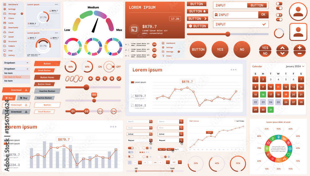 Poster a modern interface kit with buttons, graphs, and elements for creating web applications and dashboar