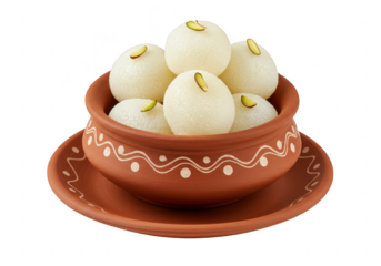 A rustic terracotta bowl filled with traditional Indian rasgullas with syrup isolated on transparent background