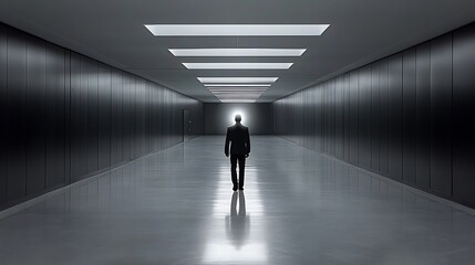 Obraz premium Man walking towards light in dark corridor.