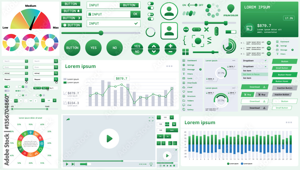 Poster a modern interface kit with buttons, graphs, and elements for creating web applications and dashboar