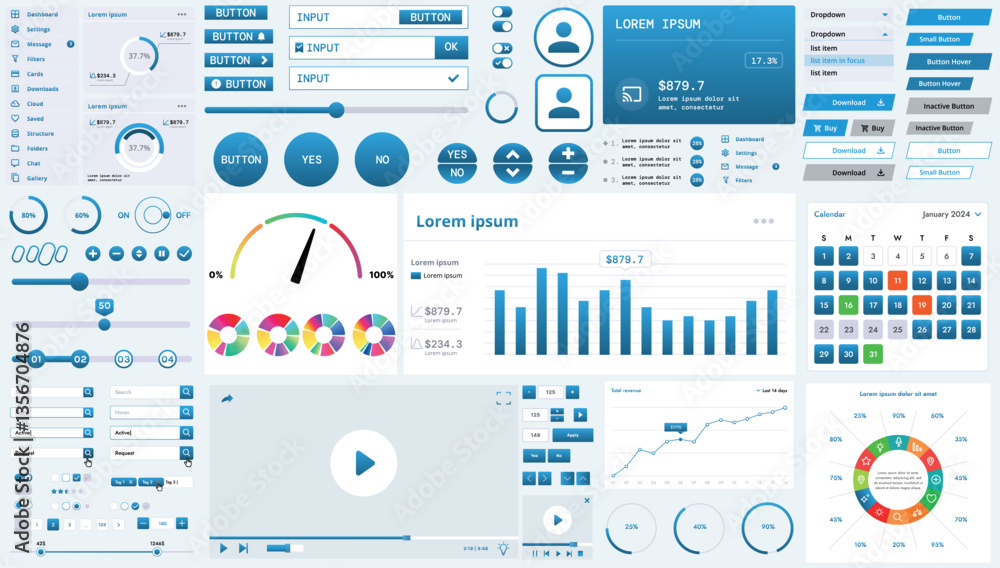 Poster a modern interface kit with buttons, graphs, and elements for creating web applications and dashboar