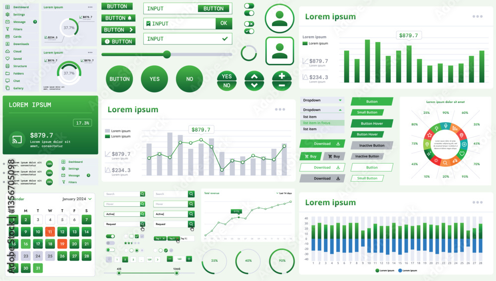 Poster a modern interface kit with buttons, graphs, and elements for creating web applications and dashboar