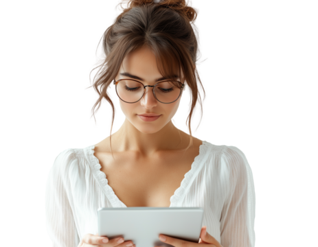  A female entrepreneur with a thoughtful expression, analyzing a business strategy on a tablet