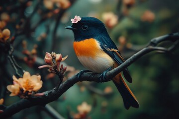Fototapeta premium Bird perched on a branch adorned with flowers in a serene garden during springtime