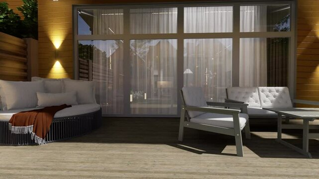 Modern outdoor terrace featuring a wooden deck, cozy seating, decorative lanterns, and ambient lighting. A serene backyard retreat for leisure and comfort.