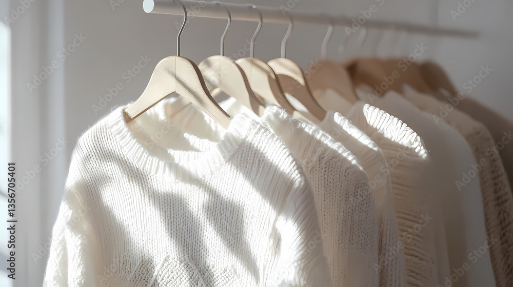 Poster cozy neutrals: soft light caresses a row of neatly hung sweaters in a spectrum of neutral tones, cre
