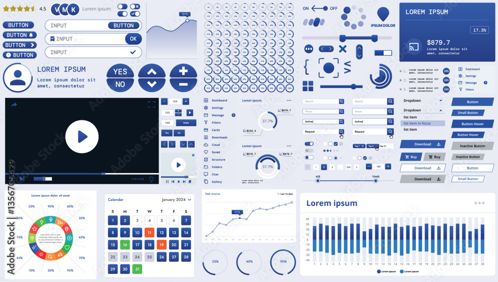 Poster a modern interface kit with buttons, graphs, and elements for creating web applications and dashboar