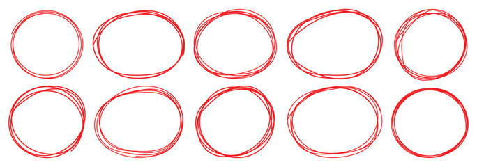 Red circle, pen draw. Marker scratch scribble in rounder. Round scrawl frames. For marking text, numbers, marker pen, pencil, logo and text check. Vector illustration