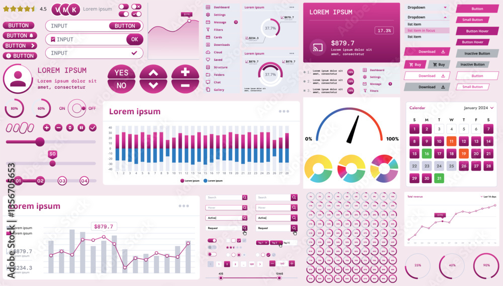 Poster a modern interface kit with buttons, graphs, and elements for creating web applications and dashboar