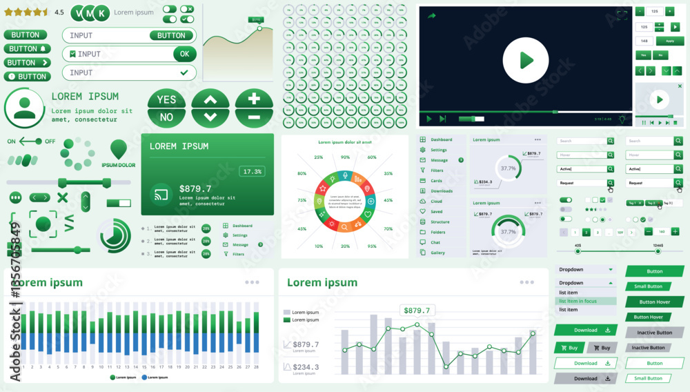 Poster a modern interface kit with buttons, graphs, and elements for creating web applications and dashboar