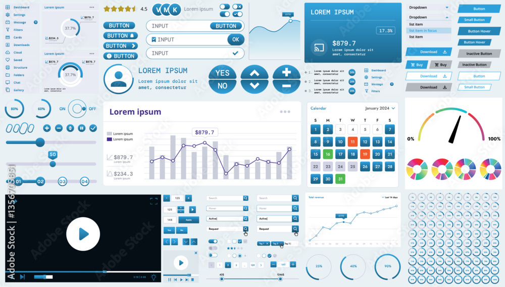Poster a modern interface kit with buttons, graphs, and elements for creating web applications and dashboar