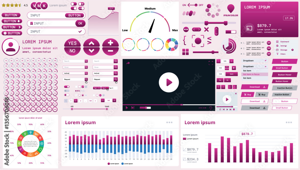 Poster a modern interface kit with buttons, graphs, and elements for creating web applications and dashboar