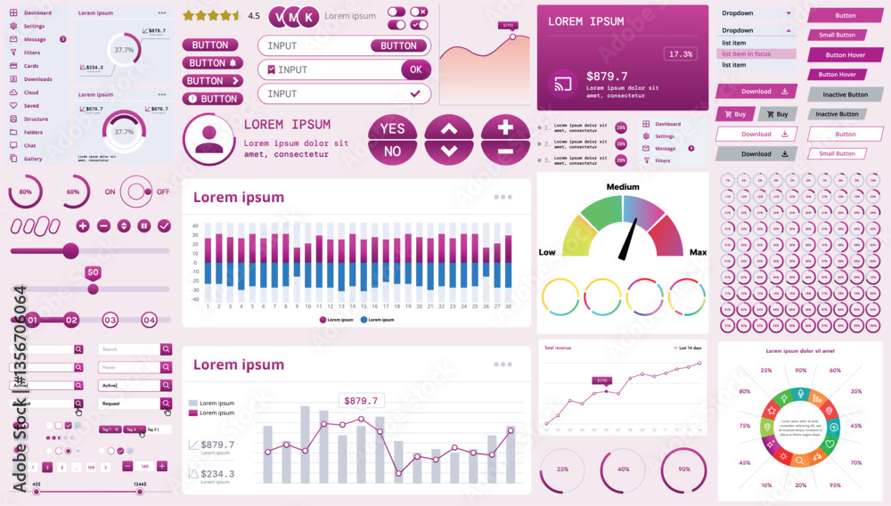 Poster a modern interface kit with buttons, graphs, and elements for creating web applications and dashboar