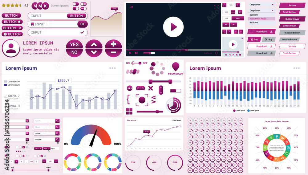 Poster a modern interface kit with buttons, graphs, and elements for creating web applications and dashboar