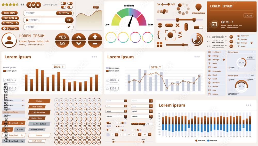 Poster a modern interface kit with buttons, graphs, and elements for creating web applications and dashboar