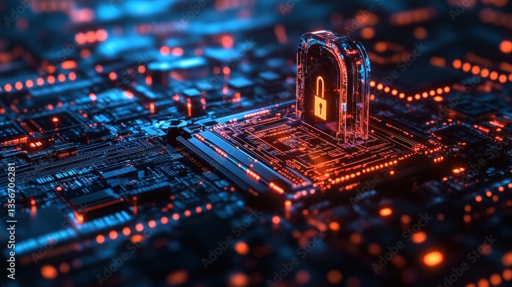 Aufkleber a digital lock symbolizes cybersecurity, surrounded by intricate circuit patterns and glowing lights