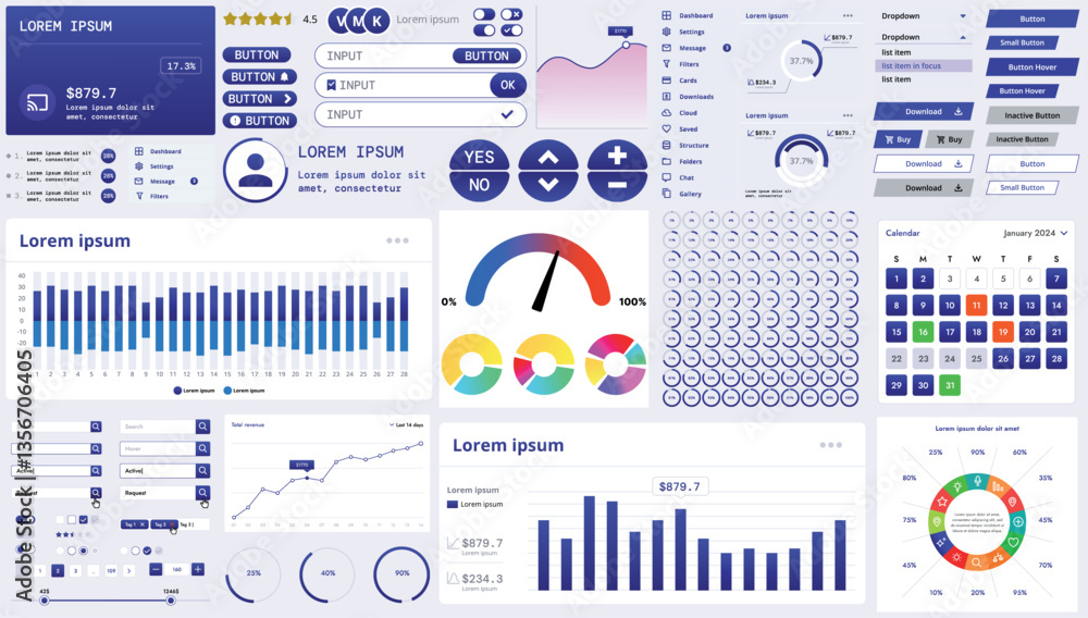 Poster a modern interface kit with buttons, graphs, and elements for creating web applications and dashboar