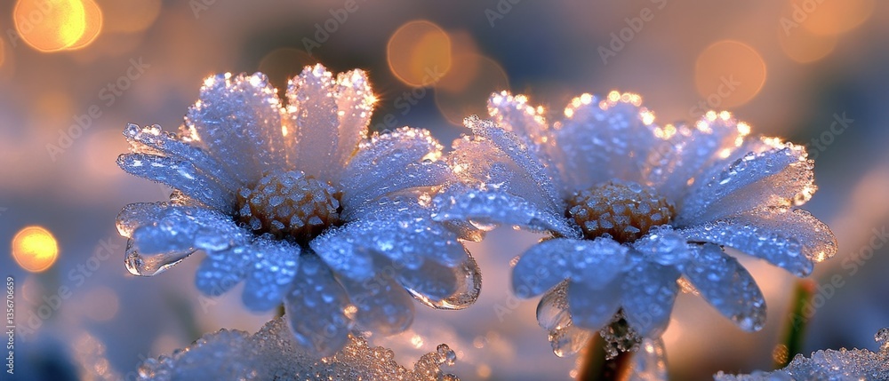 Poster two frosted daisies sparkle in the soft morning light with a dreamy bokeh background creating a sere