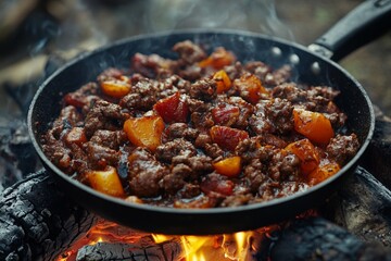 Cooking a hearty beef and vegetable stew over an open campfire in the woods during the evening hours