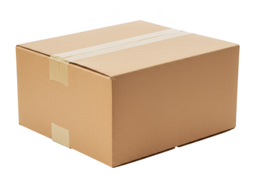 A brown cardboard box with visible folds and taped seams isolated on transparent background