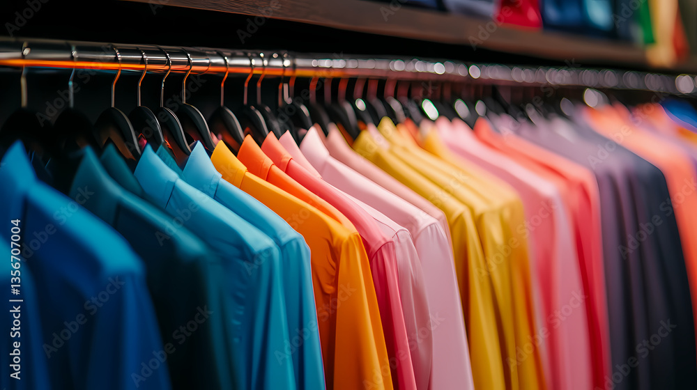 Poster rainbow rows: a vibrant spectrum of colorful shirts, neatly arranged on a rack, creating a visual de