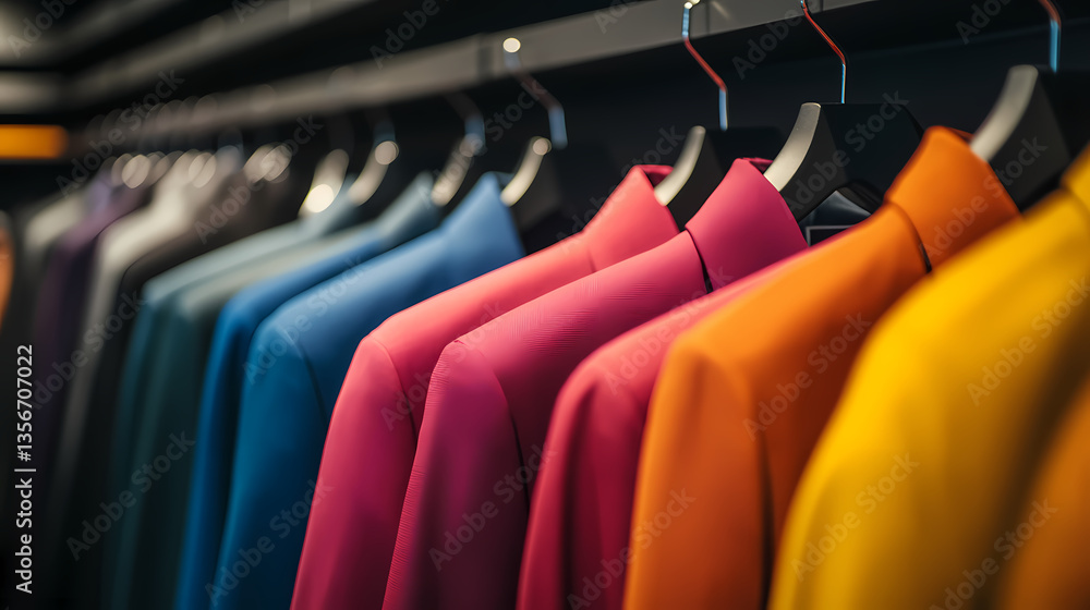 Poster vibrant jackets in a row: a collection of stylish jackets in a spectrum of colors, neatly arranged o