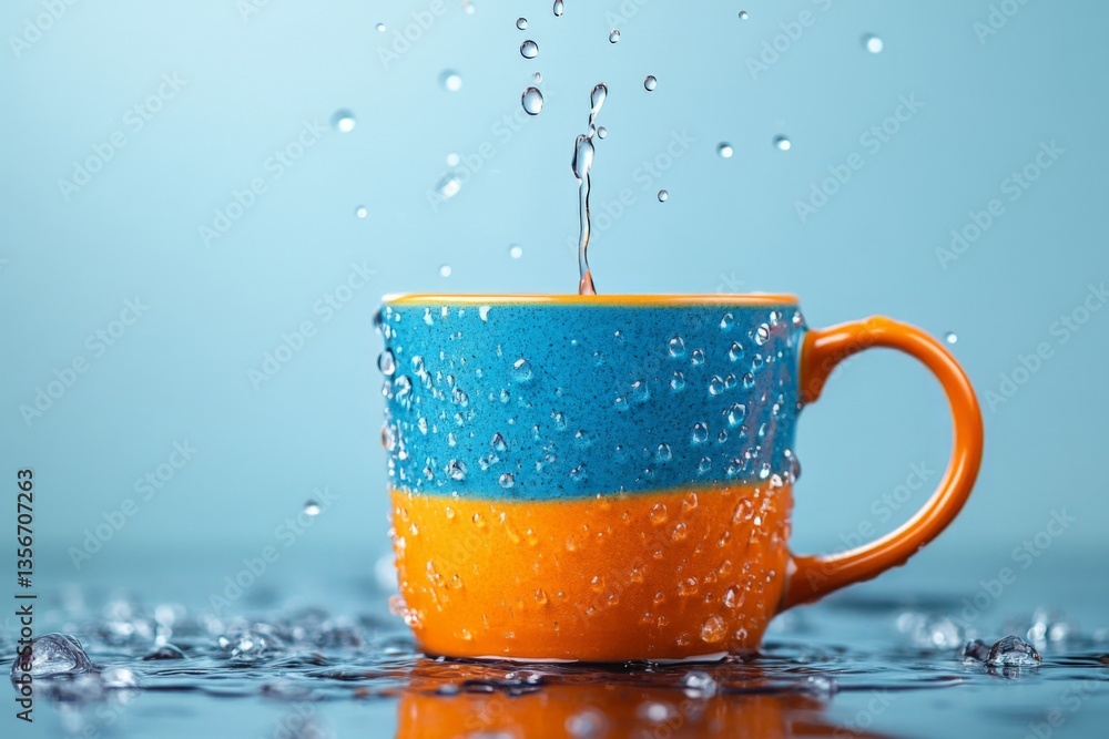 Poster colorful cup splashes with water in a creative setting with droplets on a surface