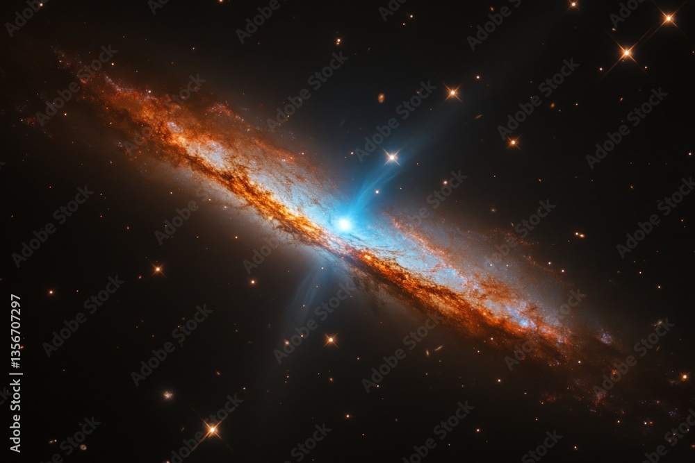 Poster Stunning view of a spiral galaxy with bright core and star formations in deep space captured by advanced telescope technology
