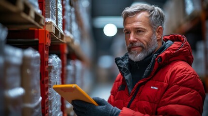 A worker in a red jacket reviews stock levels using a tablet amidst organized shelves in a bustling warehouse, ensuring efficient inventory management and distribution processes.