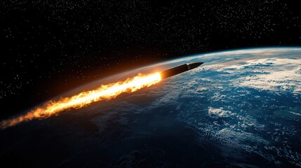 Obraz premium Rocket launches into space from Earth with flames and smoke trailing behind