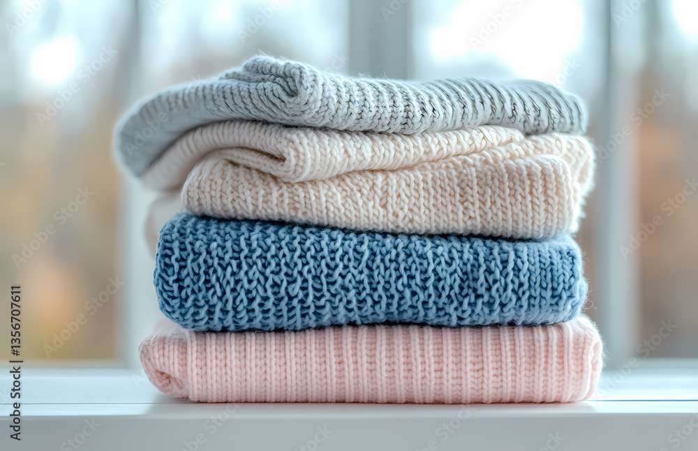 Poster cozy comfort: a meticulously arranged stack of knitted sweaters in an array of soft, pastel colors r