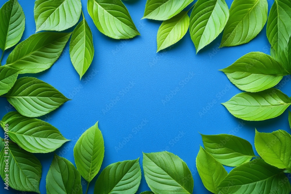 Poster vibrant green leaves arranged on a blue background create an inviting and fresh atmosphere for natur