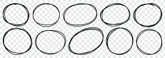 Hand drawn circle line sketch set. Brush marker pen round ovals. Highlight circle frames. Marker scratch scribble in rounder. Round scrawl frames. Vector illustration isolated on white background. 