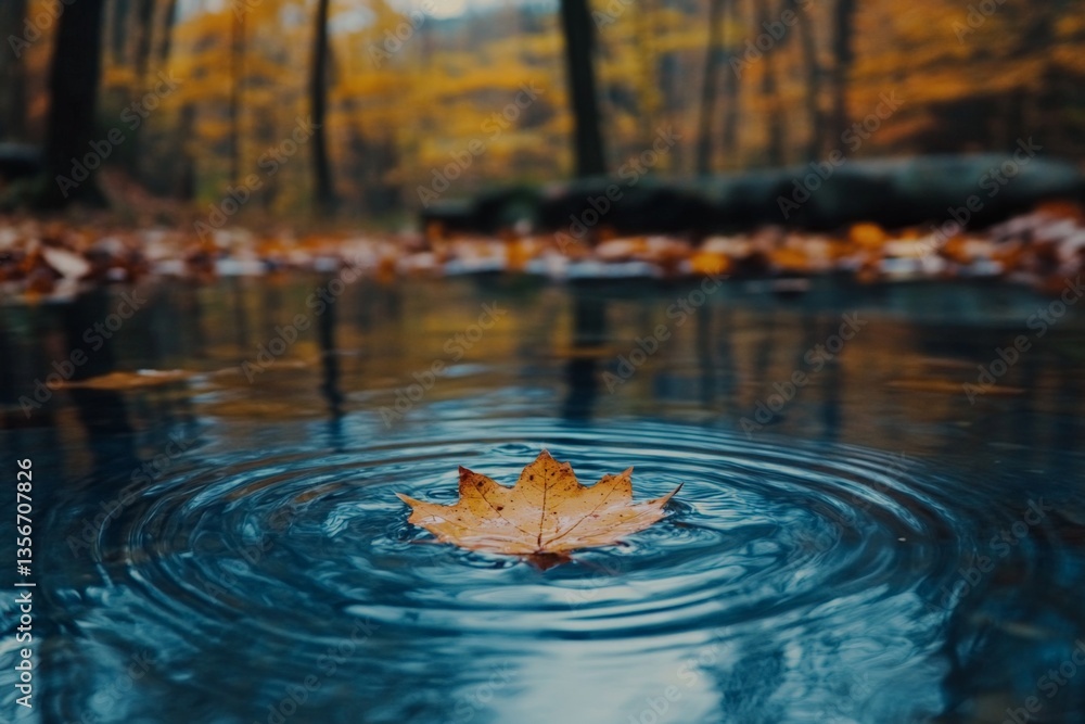 Poster autumn leaf floats on tranquil water in a serene forest setting