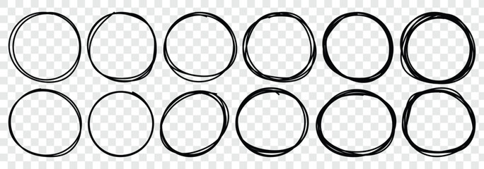 Handdrawn doodle circle highlights. Hand drawn scribble circles. Highlight circles set. Scribble ovals, circle and highlight text. Marker scratch scribble in rounder. Vector illustrator. 