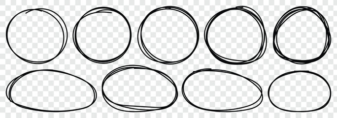 Hand drawn circle line sketch set. Brush marker pen round ovals. Highlight circle frames. Marker scratch scribble in rounder. Round scrawl frames. Vector illustration isolated on white background. 