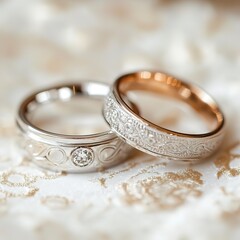 Wedding rings in close-up with subtle engraving under soft studio light, intricate details, and a timeless, elegant aesthetic.