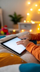 Small child touching a digital tablet screen in a warm cozy environment with glowing lights