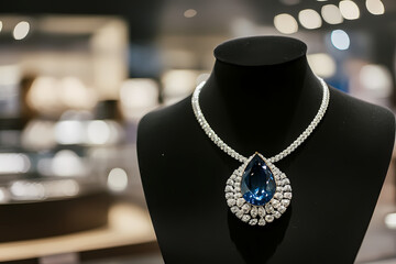 Elegant Gemstone Necklace Display: A stunning gemstone necklace, radiating luxury, is artfully displayed on a sleek black mannequin, with soft focus in the background.