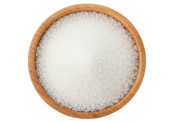 A top view of a round wooden bowl filled with white granulated sugar isolated on transparent background