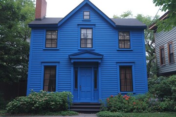 Bright blue house with lush garden in a suburban neighborhood on a sunny day