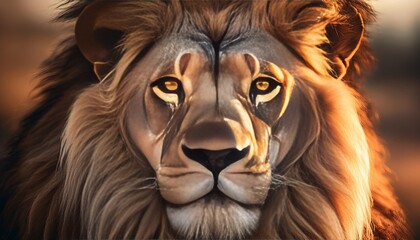 Naklejka premium Majestic lion staring with intense gaze in sunset light