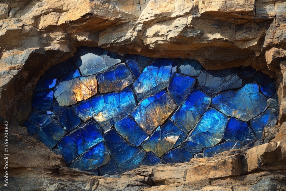 Poster vibrant blue gemstones embedded in rugged rock formation create a stunning natural display of color